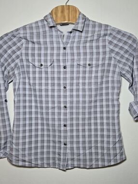 Eddie Bauer Womens Large Button Down Camp Shirt Purple Plaid Trail Hiking Gorp